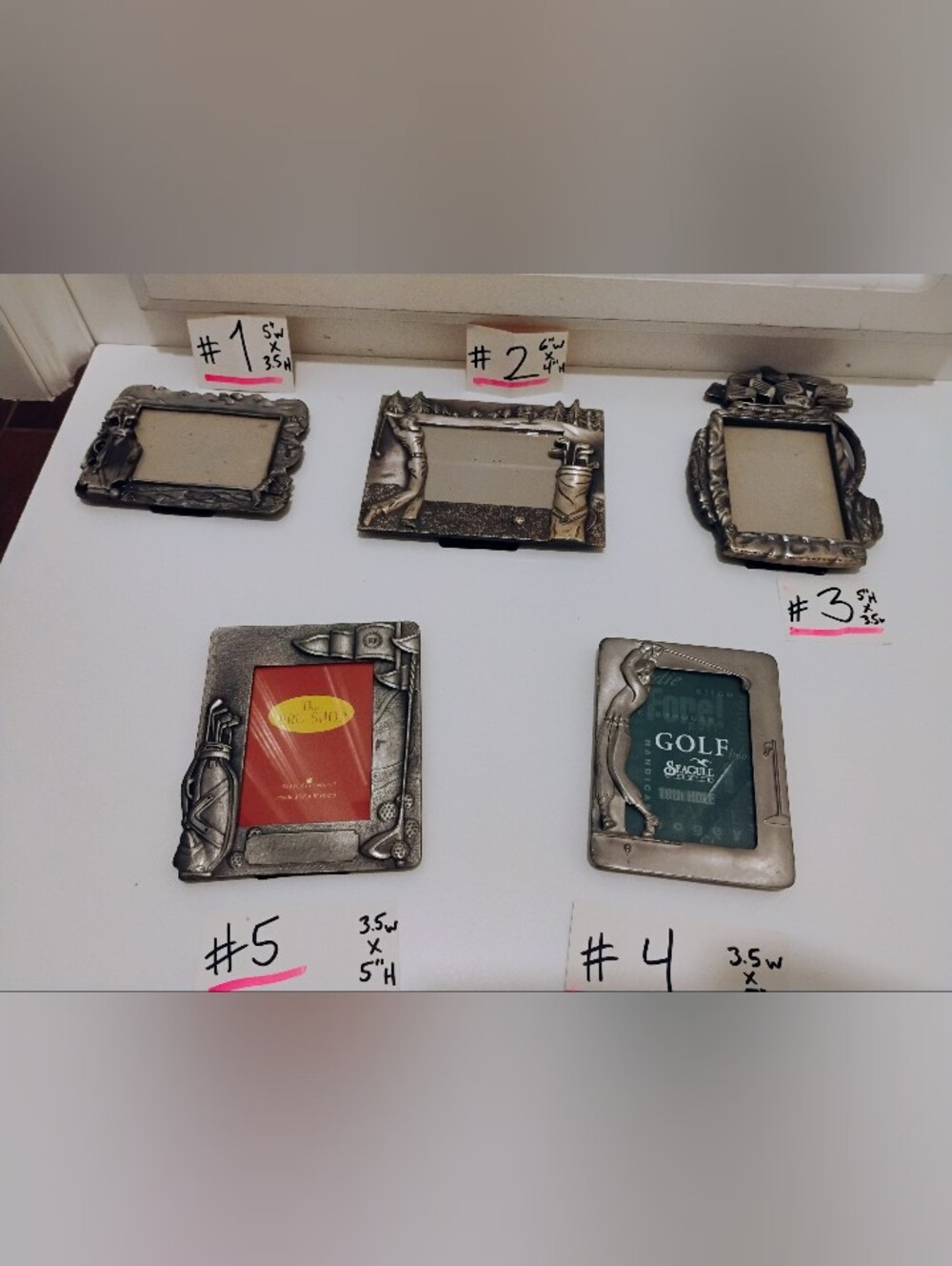 Golf Themed Table Top Picture Frames Lot Of 5 Pewter Metal 3D Art 3.5 X 5